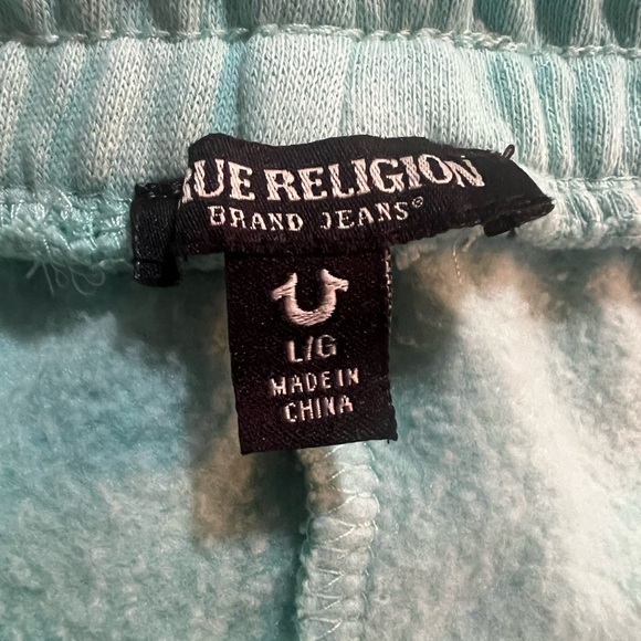 True Religion Aqua Tie-Dye Foil Logo Fleece Shorts Drawstring Waist Size Large - Picture 4 of 5